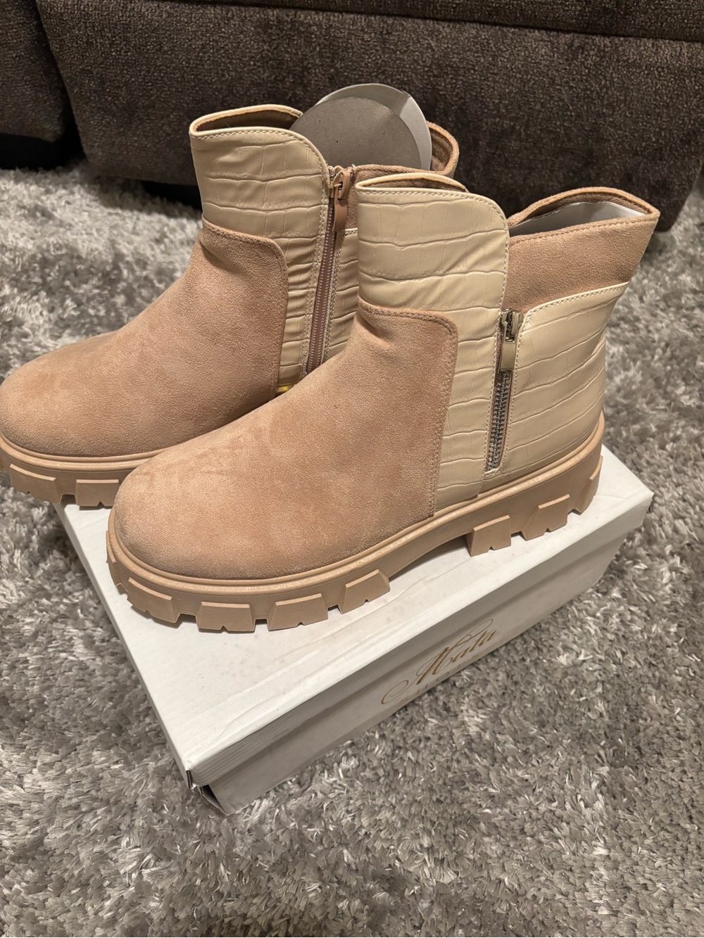 Taupe Suede & Faux Croc-Embossed Ankle combat Bootie